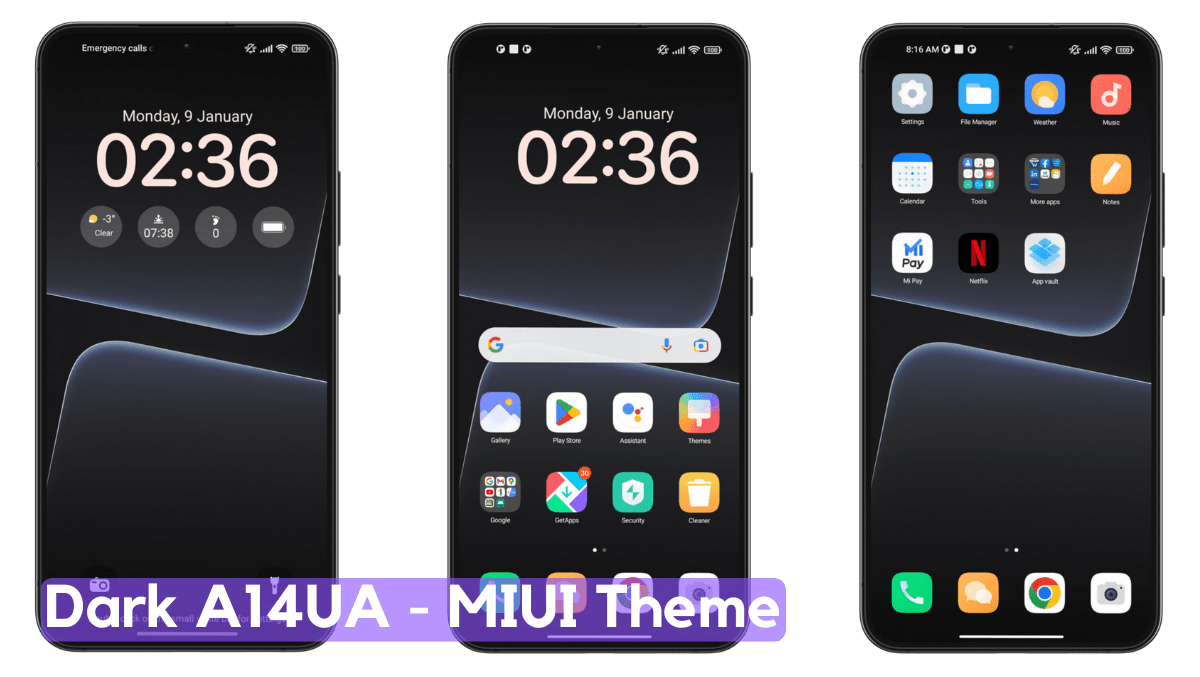Dark A14UA MIUI Theme with Minimal UI